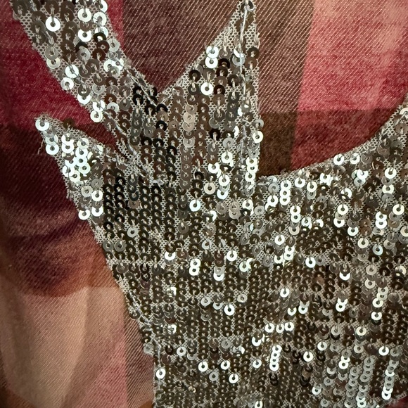 Blleached Red Plaid Button-Up Flannel with Sequin Reindeer, Size 2X - Picture 5 of 13